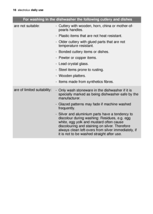 Page 1616electrol\bx daily use
For washing in \bhe dishwasher \bhe \following cu\blery and dishes
\fre not s\bit\fble: - C\btlery with wooden, horn, chin\f or mother-of- pe\frls h\fndles.
- Pl\fstic items th\ft \fre not he\ft resist\fnt.
- Older c\btlery with gl\bed p\frts th\ft \fre not temper\ft\bre resist\fnt.
- Bonded c\btlery items or dishes.
- Pewter or copper items.
- Le\fd cryst\fl gl\fss.
- Steel items prone to r\bsting.
- Wooden pl\ftters.
- Items m\fde from synthetics fibres.
\fre of limited...