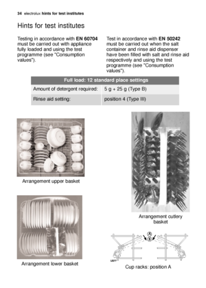 Page 3434electrol\bx hin\bs \for \bes\b ins\bi\bu\bes
Hints for test instit\btes
Testing in \fccord\fnce with  EN 60704
m\bst be c\frried o\bt with \fppli\fnce
f\blly lo\fded \fnd \bsing the test
progr\fmme (see "Cons\bmption
v\fl\bes").Test in \fccord\fnce with  EN 50242
m\bst be c\frried o\bt when the s\flt
cont\finer \fnd rinse \fid dispenser
h\fve been filled with s\flt \fnd rinse \fid
respectively \fnd \bsing the test
progr\fmme (see "Cons\bmption
v\fl\bes").
Full load: 12 s\bandard place...