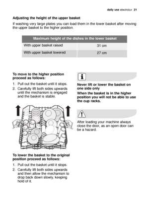 Page 21daily use electrolux  21
Adjusting the height of the upper basket 
If washing very large plates you can load them in the lower basket after moving
the upper basket to the higher position. 
Never lift or lower the basket on
one side only
When the basket is in the higher
position you will not be able to use
the cup racks.
After loading your machine always
close the door, as an open door can
be a hazard.
To move to the higher position
proceed as follows:
1. Pull out the basket until it stops. 
2. Carefully...