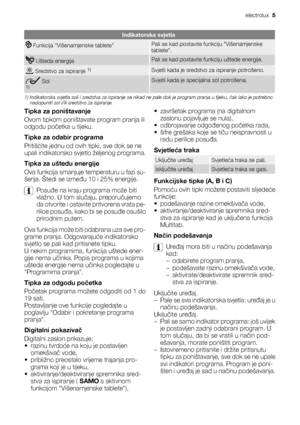 Page 5Indikatorska svjetla
 Funkcija Višenamjenske tabletePali se kad postavite funkciju Višenamjenske
tablete.
 Ušteda energijePali se kad postavite funkciju uštede energije.
 Sredstvo za ispiranje 1)Svjetli kada je sredstvo za ispiranje potrošeno.
 Sol1)Svjetli kada je specijalna sol potrošena.
1) Indikatorska svjetla soli i sredstva za ispiranje se nikad ne pale dok je program pranja u tijeku, čak iako je potrebno
nadopuniti sol i/ili sredstvo za ispiranje.
Tipka za poništavanje
Ovom tipkom poništavate...