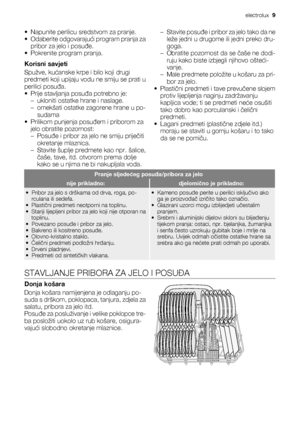 Page 9• Napunite perilicu sredstvom za pranje.
• Odaberite odgovarajući program pranja za
pribor za jelo i posuđe.
• Pokrenite program pranja.
Korisni savjeti
Spužve, kućanske krpe i bilo koji drugi
predmeti koji upijaju vodu ne smiju se prati u
perilici posuđa.
• Prije stavljanja posuđa potrebno je:
– ukloniti ostatke hrane i naslage.
– omekšati ostatke zagorene hrane u po-
sudama
• Prilikom punjenja posuđem i priborom za
jelo obratite pozornost:
–Posuđe i pribor za jelo ne smiju priječiti
okretanje...