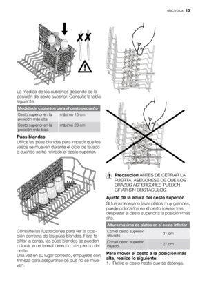 Page 15La medida de los cubiertos depende de la
posición del cesto superior. Consulte la tabla
siguiente.
Medida de cubiertos para el cesto pequeño
Cesto superior en la
posición más altamáximo 15 cm
Cesto superior en la
posición más bajamáximo 20 cm
Púas blandas
Utilice las púas blandas para impedir que los
vasos se muevan durante el ciclo de lavado
o cuando se ha retirado el cesto superior.
Consulte las ilustraciones para ver la posi-
ción correcta de las púas blandas. Para fa-
cilitar la carga, las púas...