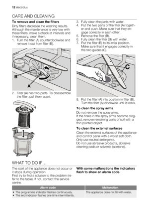 Page 12CARE AND CLEANING
To remove and clean the filters
Dirty filters decrease the washing results.
Although the maintenance is very low with
these filters, make a check at intervals and
if necessary, clean them.
1. Turn the filter (A) counterclockwise and
remove it out from filter (B).
A
B
2. Filter (A) has two parts. To disassemble
the filter, pull them apart.
3. Fully clean the parts with water.
4. Put the two parts of the filter (A) togeth-
er and push. Make sure that they en-
gage correctly in each...