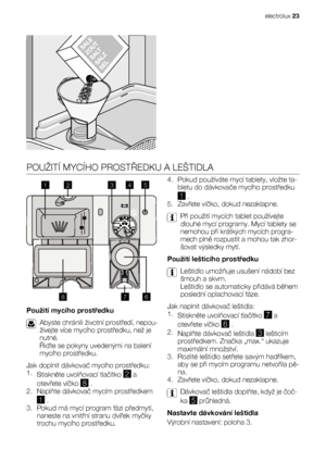 Page 23POUŽITÍ MYCÍHO PROSTŘEDKU A LEŠTIDLA
20
30MAX1234+-
8
1
23
45
6
7
Použití mycího prostředku
Abyste chránili životní prostředí, nepou-
žívejte více mycího prostředku, než je
nutné.
Řiďte se pokyny uvedenými na balení
mycího prostředku.
Jak doplnit dávkovač mycího prostředku:
1.
Stiskněte uvolňovací tlačítko 
2 a
otevřete víčko 
8 .
2. Naplňte dávkovač mycím prostředkem
1 .
3. Pokud má mycí program fázi předmytí,
naneste na vnitřní stranu dvířek myčky
trochu mycího prostředku.4. Pokud používáte mycí...