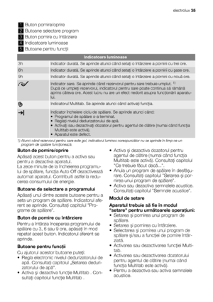 Page 351Buton pornire/oprire
2Butoane selectare program
3Buton pornire cu întârziere
4Indicatoare luminoase
5Butoane pentru funcţii
Indicatoare luminoase
3hIndicator durată. Se aprinde atunci când setaţi o întârziere a pornirii cu trei ore.
6hIndicator durată. Se aprinde atunci când setaţi o întârziere a pornirii cu şase ore.
9hIndicator durată. Se aprinde atunci când setaţi o întârziere a pornirii cu nouă ore.
Indicator sare. Se aprinde când rezervorul pentru sare trebuie umplut. 1)
După ce umpleţi rezervorul,...