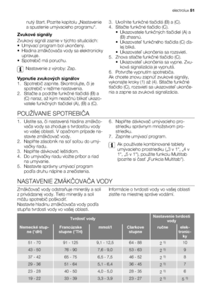 Page 51nutý štart. Pozrite kapitolu „Nastavenie
a spustenie umývacieho programu“.
Zvukové signály
Zvukový signál zaznie v týchto situáciách:
• Umývací program bol ukončený.
•Hladina zmäkčovača vody sa elektronicky
upravuje.
•Spotrebič má poruchu.
Nastavenie z výroby: Zap.
Vypnutie zvukových signálov
1. Spotrebič zapnite. Skontrolujte, či je
spotrebič v režime nastavenia.
2. Stlačte a podržte funkčné tlačidlá (B) a
(C) naraz, až kým nezačnú blikať ukazo-
vatele funkčných tlačidiel (A), (B) a (C).3. Uvoľnite...