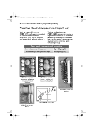 Page 3434electrolux Wskazówki dla ośrodków przeprowadzających testy
Wskazówki dla ośrodków przeprowadzających testy
Testy na zgodność z normą 
PN-EN 60704 należy przeprowadzać 
na całkowicie załadowanym 
urządzeniu i przy użyciu programu 
testowego (patrz “Wartości poboru”).Testy na zgodność z normą 
PN-EN 50242 należy przeprowadzać po 
napełnieniu zbiornika na sól i dozownika 
płynu nabłyszczającego odpowiednio 
solą i płynem nabłyszczającym oraz przy 
użyciu programu testowego (patrz 
“Wartości poboru”)....