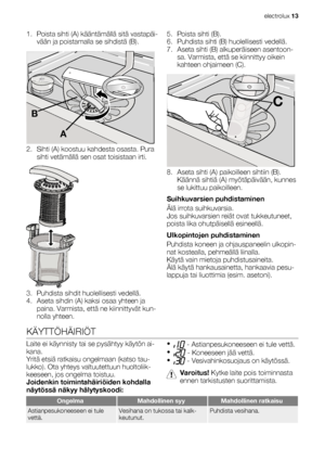 Page 131. Poista sihti (A) kääntämällä sitä vastapäi-
vään ja poistamalla se sihdistä (B).
A
B
2. Sihti (A) koostuu kahdesta osasta. Pura
sihti vetämällä sen osat toisistaan irti.
3. Puhdista sihdit huolellisesti vedellä.
4. Aseta sihdin (A) kaksi osaa yhteen ja
paina. Varmista, että ne kiinnittyvät kun-
nolla yhteen.5. Poista sihti (B).
6. Puhdista sihti (B) huolellisesti vedellä.
7. Aseta sihti (B) alkuperäiseen asentoon-
sa. Varmista, että se kiinnittyy oikein
kahteen ohjaimeen (C).
C
8. Aseta sihti (A)...