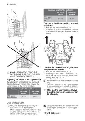 Page 12Caution! BEFORE CLOSING THE
DOOR, MAKE SURE THAT THE SPRAY
ARMS CAN ROTATE FREELY.
Adjusting the height of the upper basket
If washing very large plates you can load
them in the lower basket after moving the
upper basket to the higher position.
Maximum height of the dishes in:
 the upper
basketthe lower
basket
With upper
basket raised20 cm31 cm
Maximum height of the dishes in:
 the upper
basketthe lower
basket
With upper
basket low-
ered24 cm27 cm
To move to the higher position proceed
as follows:
1....