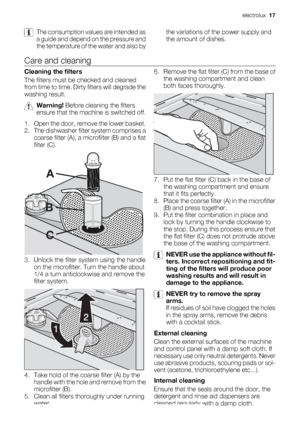 Page 17The consumption values are intended as
a guide and depend on the pressure and
the temperature of the water and also bythe variations of the power supply and
the amount of dishes.
Care and cleaning
Cleaning the filters
The filters must be checked and cleaned
from time to time. Dirty filters will degrade the
washing result.
Warning! Before cleaning the filters
ensure that the machine is switched off.
1. Open the door, remove the lower basket.
2. The dishwasher filter system comprises a
coarse filter (A), a...