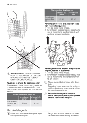 Page 36Precaución ANTES DE CERRAR LA
PUERTA, ASEGÚRESE DE QUE LOS
BRAZOS ASPERSORES PUEDEN
GIRAR SIN OBSTÁCULOS.
Ajuste de la altura del cesto superior
Si es necesario lavar platos muy grandes, es
posible colocarlos en el cesto inferior tras
desplazar el cesto superior a la posición más
elevada.
Altura máxima de platos en:
 el cesto su-
periorel cesto infe-
rior
Con el cesto
superior ele-
vado20 cm31 cm
Altura máxima de platos en:
 el cesto su-
periorel cesto infe-
rior
Con el cesto
superior baja-
do24 cm27 cm...