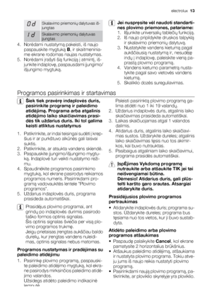 Page 13Skalavimo priemonių dalytuvas iš-
jungtas
Skalavimo priemonių dalytuvas
įjungtas
4. Norėdami nustatymą pakeisti, iš naujo
paspauskite mygtuką B, ir skaitmeninia-
me ekrane rodomas naujas nustatymas.
5. Norėdami įrašyti šią funkciją į atmintį, iš-
junkite indaplovę, paspausdami įjungimo/
išjungimo mygtuką.
Jei nuspręsite vėl naudoti standarti-
nes plovimo priemones, patariame:
1. Išjunkite universalių tablečių funkciją.
2. Iš naujo pripildykite druskos talpyklą
ir skalavimo priemonių dalytuvą.
3....