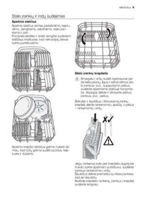 Page 9Stalo įrankių ir indų sudėjimas
Apatinis stalčius
Apatinis stalčius skirtas padažinėms, keptu-
vėms, dangčiams, salotinėms, stalo įran-
kiams ir pan.
Porcijinės lėkštės ir dideli dangčiai sudedami
stalčiaus kraštuose, kad netrukdytų laisvai
suktis purkštuvams.
Apatinio krepšio laikiklius galima nuleisti že-
miau, kad būtų galima sudėti puodus, kep-
tuves ir dubenis.
Stalo įrankių krepšelis
Smaigaliu į viršų sudėti ilgakriauniai pei-
liai kelia pavojų. Ilgus ir (arba) aštrius sta-
lo įrankius, pvz.,...