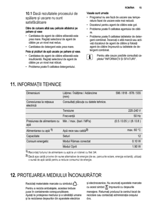 Page 1510.1 Dacă rezultatele procesului de
spălare şi uscare nu sunt
satisfăcătoare
Dâre de culoare albă sau pelicule albăstrui pe
pahare şi vase
• Cantitatea de agent de clătire eliberată este
prea mare. Reglaţi selectorul de agent de
clătire pe un nivel mai redus.
• Cantitatea de detergent este prea mare.
Pete şi picături de apă uscate pe pahare şi vase.
• Cantitatea de agent de clătire eliberată este
insuficientă. Reglaţi selectorul de agent de
clătire pe un nivel mai ridicat.
• Problema poate fi calitatea...