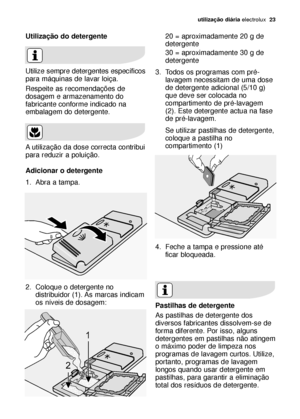 Page 23utilização diáriaelectrolux  23
Utilização do detergente
Utilize sempre detergentes específicos
para máquinas de lavar loiça.
Respeite as recomendações de
dosagem e armazenamento do
fabricante conforme indicado na
embalagem do detergente.
A utilização da dose correcta contribui
para reduzir a poluição.
Adicionar o detergente
1. Abra a tampa.
2. Coloque o detergente no
distribuidor (1). As marcas indicam
os níveis de dosagem:20 = aproximadamente 20 g de
detergente
30 = aproximadamente 30 g de
detergente...