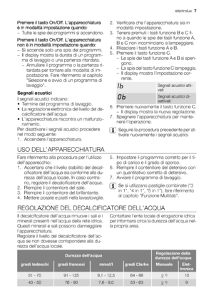 Page 7Premere il tasto On/Off. L’apparecchiatura
è in modalità impostazione quando:
– Tutte le spie dei programmi si accendono.
Premere il tasto On/Off. L’apparecchiatura
non è in modalità impostazione quando:
– Si accende solo una spia dei programmi.
– Il display mostra la durata di un program-
ma di lavaggio o una partenza ritardata.
– Annullare il programma o la partenza ri-
tardata per tornare alla modalità di im-
postazione. Fare riferimento al capitolo
Selezione e avvio di un programma di
lavaggio....