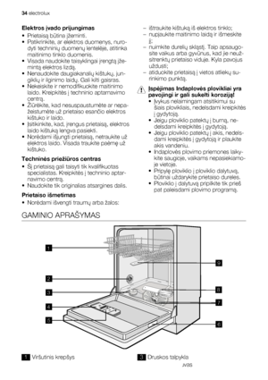 Page 34Elektros įvado prijungimas
• Prietaisą būtina įžeminti.
• Patikrinkite, ar elektros duomenys, nuro-
dyti techninių duomenų lentelėje, atitinka
maitinimo tinklo duomenis.
• Visada naudokite taisyklingai įrengtą įže-
mintą elektros lizdą.
• Nenaudokite daugiakanalių kištukų, jun-
giklių ir ilginimo laidų. Gali kilti gaisras.
• Nekeiskite ir nemodifikuokite maitinimo
laido. Kreipkitės į techninio aptarnavimo
centrą.
•Žiūrėkite, kad nesuspaustumėte ar nepa-
žeistumėte už prietaiso esančio elektros
kištuko ir...