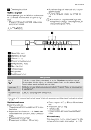 Page 59Ülemine pihustitiivik
Optiline signaal
Pärast pesuprogrammi käivitumist kuvatak-
se põrandale masina ukse all optiline sig-
naal.
• Punane märgutuli helendab kogu pesu-
programmi kestel.• Roheline märgutuli helendab siis, kui pro-
gramm lõpeb.
• Punane märgutuli vilgub, kui ilmneb tõr-
ge.
Kui masin on paigaldatud kõrgemale,
köögimööbli uksega samale joonele, ei
ole optilist signaali näha.
JUHTPANEEL
ABC
12
345
6
78
9
1Sisse/välja nupp
2Digitaalne ekraan
3Viitstardi nupp
4Programmi valikunupud...