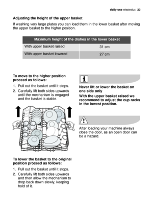 Page 23daily use electrolux  23
Adjusting the height of the upper basket 
If washing very large plates you can load them in the lower basket after moving
the upper basket to the higher position. 
To move to the higher position
proceed as follows:
1. Pull out the basket until it stops. 
2. Carefully lift both sides upwards
until the mechanism is engaged
and the basket is stable. 
To lower the basket to the original
position proceed as follows:
1. Pull out the basket until it stops. 
2. Carefully lift both sides...