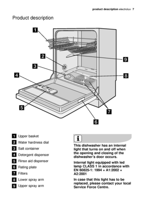 Page 7product description electrolux  7
Product description
Upper basket
Water hardness dial
Salt container
Detergent dispenser
Rinse aid dispenser
Rating plate
Filters
Lower spray arm
Upper spray arm1
2
3
4
5
6
7
8
9
This dishwasher has an internal
light that turns on and off when
the opening and closing of the
dishwasher’s door occurs.
Internal light equipped with led
lamp CLASS 1 in accordance with
EN 60825-1: 1994 + A1:2002 +
A2:2001
In case that this light has to be
replaced, please contact your local...