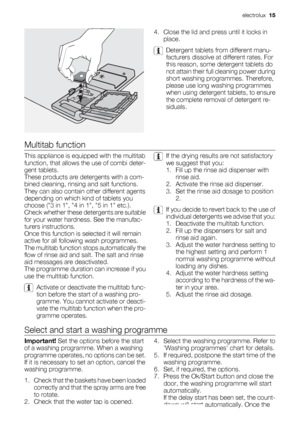 Page 154. Close the lid and press until it locks in
place.
Detergent tablets from different manu-
facturers dissolve at different rates. For
this reason, some detergent tablets do
not attain their full cleaning power during
short washing programmes. Therefore,
please use long washing programmes
when using detergent tablets, to ensure
the complete removal of detergent re-
siduals.
Multitab function
This appliance is equipped with the multitab
function, that allows the use of combi deter-
gent tablets.
These...