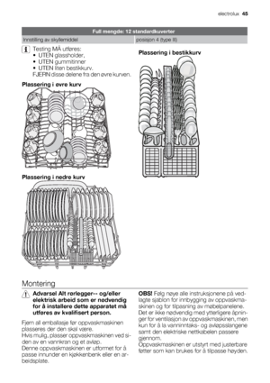 Page 45Full mengde: 12 standardkuverter
Innstilling av skyllemiddelposisjon 4 (type III)
Testing MÅ utføres:
• UTEN glassholder,
• UTEN gummitinner
• UTEN liten bestikkurv.
FJERN disse delene fra den øvre kurven.
Plassering i øvre kurv
Plassering i nedre kurv
Plassering i bestikkurv
Montering
Advarsel Alt rørlegger-- og/eller
elektrisk arbeid som er nødvendig
for å installere dette apparatet må
utføres av kvalifisert person.
Fjern all emballasje før oppvaskmaskinen
plasseres der den skal være.
Hvis mulig,...