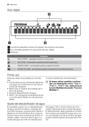 Page 54Visor digital
1Las barras pequeñas indican el progreso del programa de lavado.
2Los mensajes aparecen en esta parte del visor digital.
3Símbolos
Símbolos
INICIO DIFER. - parpadea durante la cuenta atrás.
MULTITAB - se enciende cuando la función está activa.
ENERGY SAVE - se enciende cuando se ajusta la función.
SOUND VOLUME - se enciende cuando se desactivan las señales acústicas.
Primer uso
Antes de utilizar el lavavajillas por primera
vez:
• Compruebe que las conexiones eléctricas
y de agua son...