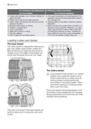 Page 10For washing in the dishwasher the following cutlery and dishes
are not suitable:are of limited suitability:
• Cutlery with wooden, horn, china or mother-of-
pearls handles.
• Plastic items that are not heat resistant.
• Older cutlery with glued parts that are not tem-
perature resistant.
• Bonded cutlery items or dishes.
• Pewter or copper items.
• Lead crystal glass.
• Steel items prone to rusting.
• Wooden platters.
• Items made from synthetics fibres.• Only wash stoneware in the dishwasher if it is...