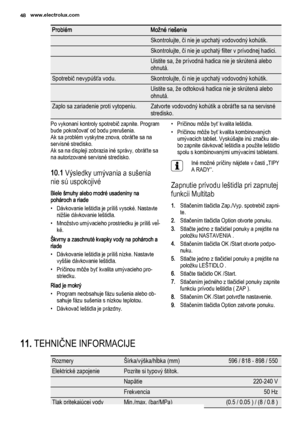 Page 48ProblémMožné riešenie
 Skontrolujte, či nie je upchatý vodovodný kohútik.
 Skontrolujte, či nie je upchatý filter v prívodnej hadici.
 Uistite sa, že prívodná hadica nie je skrútená alebo
ohnutá.
Spotrebič nevypúšťa vodu.Skontrolujte, či nie je upchatý vodovodný kohútik.
 Uistite sa, že odtoková hadica nie je skrútená alebo
ohnutá.
Zaplo sa zariadenie proti vytopeniu.Zatvorte vodovodný kohútik a obráťte sa na servisné
stredisko.
Po vykonaní kontroly spotrebič zapnite. Program
bude pokračovať od bodu...