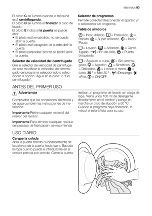 Page 53El piloto C se ilumina cuando la máquina
está centrifugando.
El piloto D se ilumina al finalizar el ciclo de
lavado.
El piloto E indica si la puerta se puede
abrir:
• El piloto está encendido: no se puede
abrir la puerta.
• El piloto está apagado: se puede abrir la
puerta.
• El piloto parpadea: pronto se podrá abrir
la puerta.
Selector de velocidad del centrifugado
Gire el selector de velocidad de centrifuga-
do para modificar la velocidad de centrifu-
gado del programa seleccionado o selec-
cionar la...