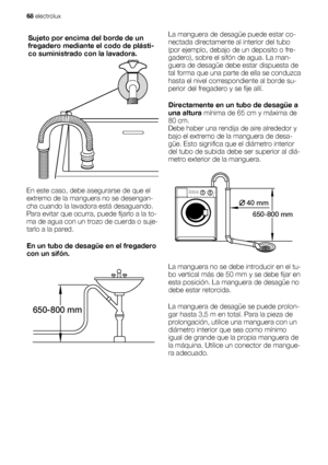 Page 68Sujeto por encima del borde de un
fregadero mediante el codo de plásti-
co suministrado con la lavadora.
En este caso, debe asegurarse de que el
extremo de la manguera no se desengan-
cha cuando la lavadora está desaguando.
Para evitar que ocurra, puede fijarlo a la to-
ma de agua con un trozo de cuerda o suje-
tarlo a la pared.
En un tubo de desagüe en el fregadero
con un sifón.
650-800 mm
La manguera de desagüe puede estar co-
nectada directamente al interior del tubo
(por ejemplo, debajo de un...