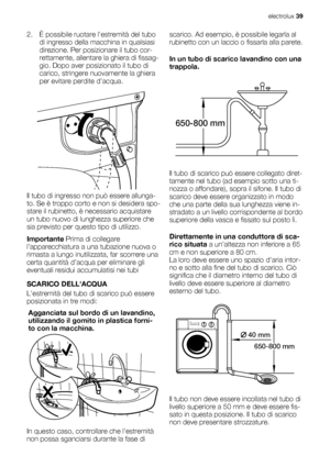 Page 392. È possibile ruotare lestremità del tubo
di ingresso della macchina in qualsiasi
direzione. Per posizionare il tubo cor-
rettamente, allentare la ghiera di fissag-
gio. Dopo aver posizionato il tubo di
carico, stringere nuovamente la ghiera
per evitare perdite dacqua.
Il tubo di ingresso non può essere allunga-
to. Se è troppo corto e non si desidera spo-
stare il rubinetto, è necessario acquistare
un tubo nuovo di lunghezza superiore che
sia previsto per questo tipo di utilizzo.
Importante Prima di...