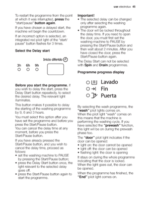 Page 11useelectrolux  45
To restart the programme from the point
at which it was interrupted, pressthe
“start/pause” button again.
If you have chosen a delayed start, the
machine will begin the countdown.
If an incorrect option is selected, an
integrated red pilot light of the “start/
pause” button flashes for 3 times.
Select the Delay start
Before you start the programme, if
you wish to delay the start, press the
Delay Start button repeatedly, to select
the desired delay. The relevant light
illuminates.
This...