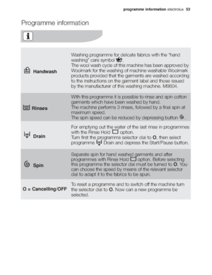 Page 19programme informationelectrolux  53
Programme information
Handwash
Washing programme for delicate fabrics with the “hand
washing” care symbol  .
The wool wash cycle of this machine has been approved by
Woolmark for the washing of machine washable Woolmark
products provided that the garments are washed according
to the instructions on the garment label and those issued
by the manufacturer of this washing machine. M9604.
Rinses
With this programme it is possible to rinse and spin cotton
garments which have...