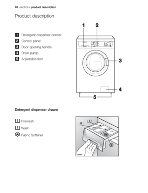 Page 640electroluxproduct description
Product description
Detergent dispenser drawer
Control panel
Door opening handle
Drain pump
Adjustable feet
5
4
3
2
1
Prewash
Wash
Fabric Softener
Detergent dispenser drawer
35.293.040 - EWF 12070 W - SP.qxd  25/9/06  10:45  Página 40
 