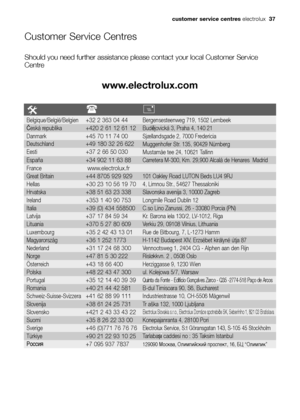 Page 37
Customer Service Centres
Should you need further assistance please contact your local Customer Se\
rvice
Centre
www.electrolux.com
#
Belgique/België/Belgien+32 2 363 04 44Bergensesteenweg 719, 1502 Lembeek
Česká republika+420 2 61 12 61 12Bud ějovická 3, Praha 4, 140 21
Danmark+45 70 11 74 00Sjællandsgade 2, 7000 Fredericia
Deutschland+49 180 32 26 622Muggenhofer Str. 135, 90429 Nürnberg
Eesti+37 2 66 50 030Mustamäe tee 24, 10621 Tallinn 
España+34 902 11 63 88Carretera M-300, Km. 29,900 Alcalá de...