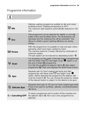 Page 25Rinses
With this programme it is possible to rinse and spin cotton
garments which have been washed by hand.
The machine performs 3 rinses, followed by a final spin at
maximum speed. 
The spin speed can be reduced by depressing button  . 
Drain
For emptying out the water of the last rinse in programmes
with the Rinse Hold  and Night Cycle  option or at
the end of Soak  programme. 
Turn first the programme selector dial to O, then select
programme  Drain and depress the Start/Pause button.
Spin
Separate...