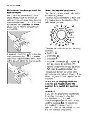 Page 1010electroluxuse
Measure out the detergent and the
fabric softener
Pull out the dispenser drawer until it
stops. Measure out the amount of
detergent required, pour it into the main
wash compartment  and, if you wish
to carry out the “prewash” or “soak”
phase, pour it into the compartment
marked .
If required, pour fabric softener into the
compartment marked  (the amount
used must not exceed the “MAX” mark
in the drawer). Close the drawer gently.
	

	

Select the required programme
Turn the programme...