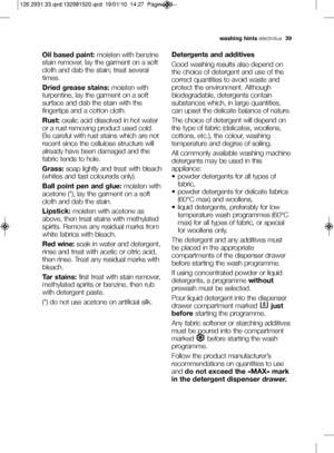 Page 13washing hints electrolux39
Oil based paint: moisten with benzine
stain remover, lay the garment on a soft
cloth and dab the stain; treat several
times.
Dried grease stains: moisten with
turpentine, lay the garment on a soft
surface and dab the stain with the
fingertips and a cotton cloth.
Rust: oxalic acid dissolved in hot water
or a rust removing product used cold.
Be careful with rust stains which are not
recent since the cellulose structure will
already have been damaged and the
fabric tends to hole....