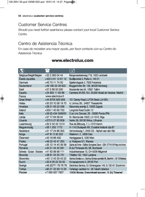 Page 28\f4electrolux customer service centres
Customer Service Centres
Should you need further assintance please contact your local Customer Service
Centre
Centro de Asistencia TOcnica
En caso de necesitar una mayor ayuda, por favor contacte con su Centro de
Asistencia TOcnica
126.29\b1.\b\b.qxd:1\b2981\8520.qxd  19/01/10  1\84:2\f  Página 54
DownloadedmFrommWashingMachinezManualcommManuals 