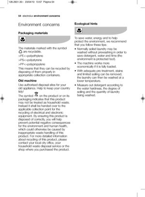 Page 2854electrolux environment concerns
Environment concerns
Packaging materials
The materials marked with the symbol
are recyclable.
>PEPSPP