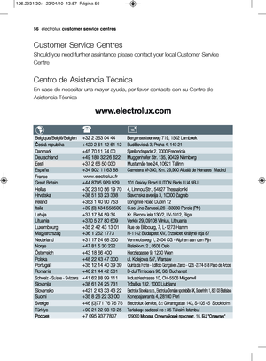 Page 305\felectrolux customer service centres
Customer Service Centres
Should you need further assintance please contact your local Customer Service
Centre
Centro de Asistencia TOcnica
En caso de necesitar una mayor ayuda, por favor contacte con su Centro de
Asistencia TOcnica
126.2931.3\b:-  23/\b\f/1\b\5  13:57  Página 56
DownloadedSFromSWashingMachineiManualjcomSManuals 