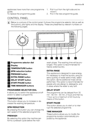 Page 5appliances have more than one programme
guide).
To replace the programme guide:1. Pull it out from the right side and re-
move it.
2. Put in the new programme guide.
CONTROL PANEL
Below is a picture of the control panel. It shows the programme selector dial as well as
the buttons, pilot lights and the display. These are presented by relevant numbers on
the following pages.
123456789
1Programme selector dial
2Display
3TEMPERATURE button
4SPIN reduction button
5PREWASH button
6EXTRA RINSE button
7DELAY...