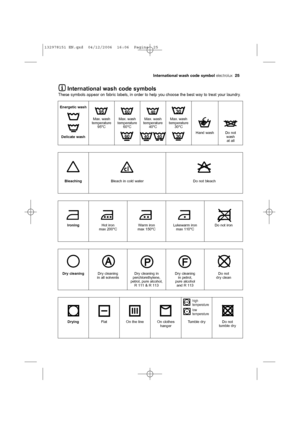 Page 25International wash code symbol electrolux  25
International wash code symbols
These symbols appear on fabric labels, in order to help you choose the best way to treat your laundry.
Energetic wash
Delicate washMax. wash
temperature
95°CMax. wash
temperature
60°CMax. wash
temperature
40°CMax. wash
temperature
30°C
Hand wash Do not
wash
at all
BleachingBleach in cold water Do not bleach
IroningHot iron
max 200°CWarm iron
max 150°CLukewarm iron
max 110°CDo not iron
Dry cleaningDry cleaning
in all solventsDry...