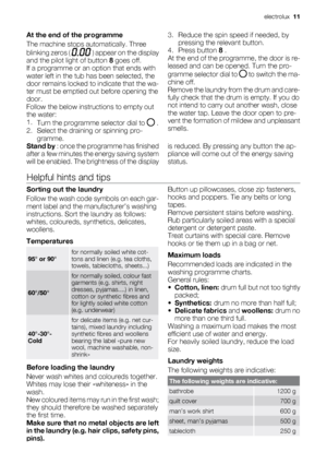 Page 11At the end of the programme
The machine stops automatically. Three
blinking zeros ( 
 ) appear on the display
and the pilot light of button 8 goes off.
If a programme or an option that ends with
water left in the tub has been selected, the
door remains locked to indicate that the wa-
ter must be emptied out before opening the
door.
Follow the below instructions to empty out
the water:
1.
Turn the programme selector dial to 
 .
2. Select the draining or spinning pro-
gramme.3. Reduce the spin speed if...