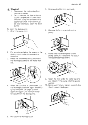 Page 17Warning!
1. Disconnect the mains plug from
the mains socket.
2. Do not remove the filter while the
appliance operates. Do not clean
the drain pump if the water in the
appliance is hot. The water must
be cold before you clean the drain
pump.
To clean the drain pump:
1. Open the pump door.
2. Put a container below the recess of the
drain pump to collect the water that
flows out.
3. Press the two levers and pull forward
the drainage duct to let the water flow
out.
4. When the container is full of water,...