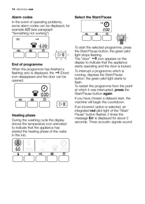 Page 1414electroluxuse
Alarm codes
In the event of operating problems,
some alarm codes can be displayed, for
example 
E20(see paragraph
“Something not working”).
End of programme
When the programme has finished a
flashing zero is displayed, the (Door)
icon desappears and the door can be
opened.
Heating phase
During the washing cycle the display
shows the temperature icon animated
to indicate that the appliance has
started the heating phase of the water
in the tub.
Select the Start/Pause
To start the selected...