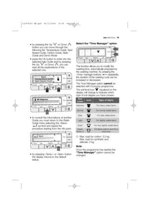 Page 19use electrolux  19
 by pressing the Up  or Down 
button you can move through the
following list: Temperature Guide, Spin
Speed Guide, Option Guide, Stain
Guide and Demo Mode
 press the Ok button to enter into the
selected help Guide and by pressing
the Up  or Down  you can
read all the explanations of the
selected one.
 to consult the informations of another
Guide you must return to the Wash
Guide menu selecting the «Back»
symbol and repeat the
procedure starting from the 4th point.
 by pressing «Temp.»...