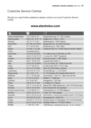 Page 37Customer Service Centres
Should you need further assistance please contact your local Customer Service
Centre
www.electrolux.com
#
Belgique/België/Belgien+32 2 363 04 44Bergensesteenweg 719, 1502 Lembeek
Česká republika+420 2 61 12 61 12Budějovická 3, Praha 4, 140 21
Danmark+45 70 11 74 00Sjællandsgade 2, 7000 Fredericia
Deutschland+49 180 32 26 622Muggenhofer Str. 135, 90429 Nürnberg
Eesti+37 2 66 50 030Mustamäe tee 24, 10621 Tallinn 
España+34 902 11 63 88Carretera M-300, Km. 29,900 Alcalá de Henares...