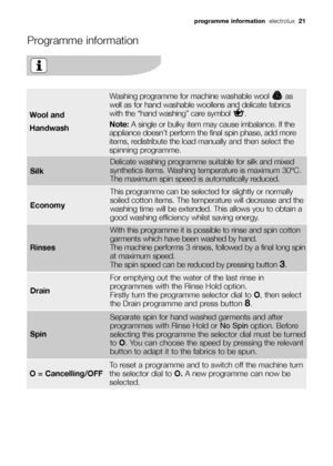Page 21
Rinses
With this programme it is possible to rinse and spin cotton
garments which have been washed by hand.
The machine performs 3 rinses, followed by a final long spin
at maximum speed. 
The spin speed can be reduced by pressing button 
3. 
Drain
For emptying out the water of the last rinse in
programmes with the Rinse Hold option. 
Firstly turn the programme selector dial to O, then select
the Drain programme and press button 
8.
Spin
Separate spin for hand washed garments and after
programmes with...
